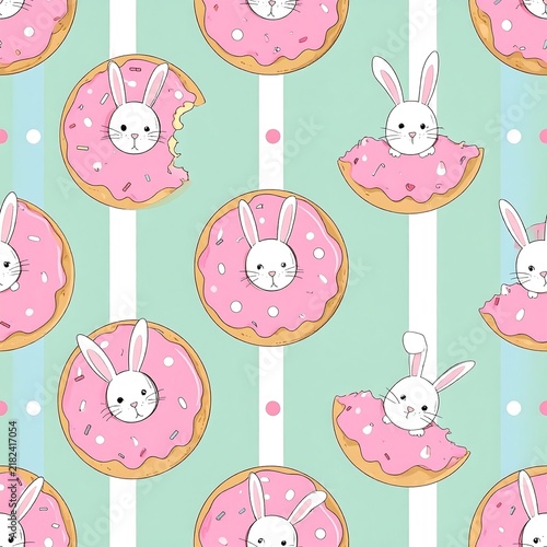 Sweet Bakery Bunny Pattern With Frosted Donut On Soft Striped Surface