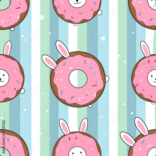 Sweet Bakery Bunny Pattern With Frosted Donut On Soft Striped Surface