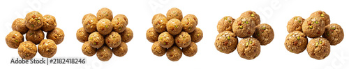 Traditional Indian Motichoor Besan Laddoo Balls Row Isolated on White Background - Festive Sweet Dessert Collection