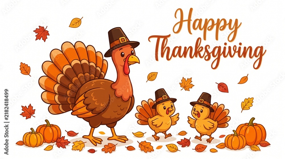 Naklejka premium Turkey family wearing pilgrim hats with pumpkins Happy Thanksgiving