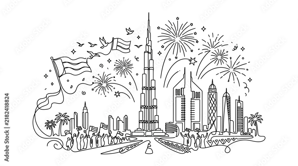 Fototapeta premium Modern Middle Eastern City Skyline Celebration with Fireworks and National Flags Line Art