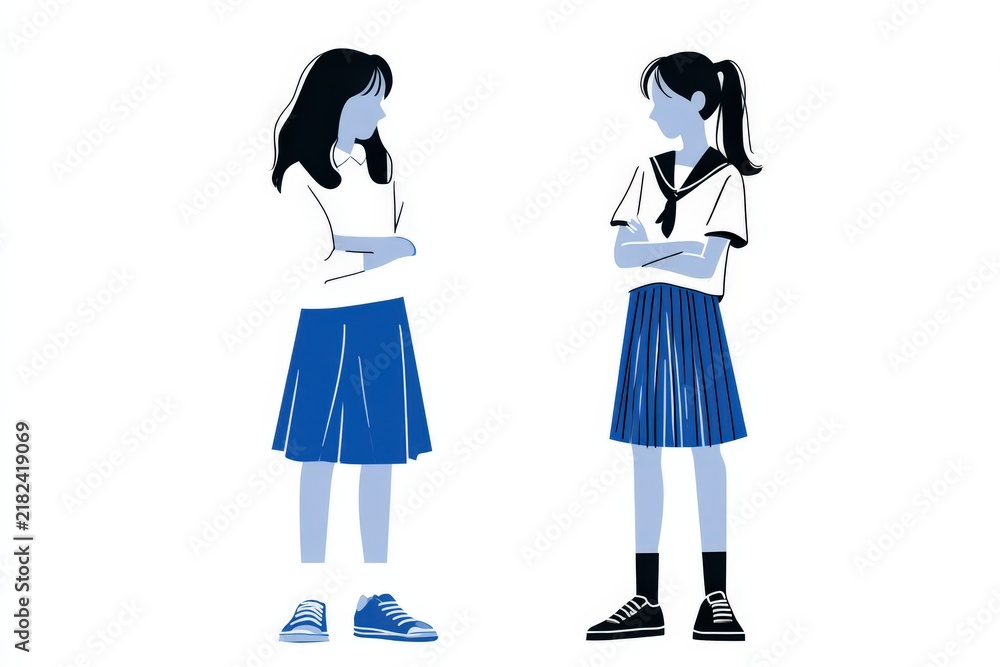 Fototapeta premium two schoolgirls standing with arms folded, minimalistic flat design, simple lines, monochrome or limited color palette, isolated on white background