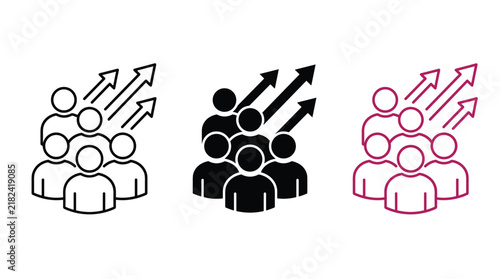 Group of people with rising arrows representing professional growth team development icons