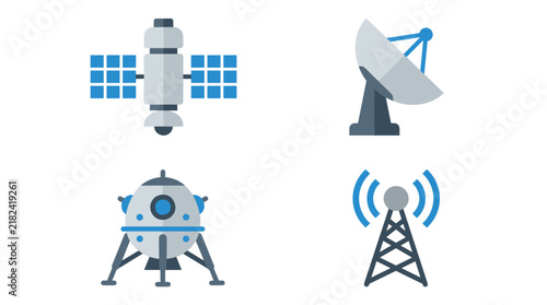 Set of modern icons featuring satellite communication gear and space exploration vehicles