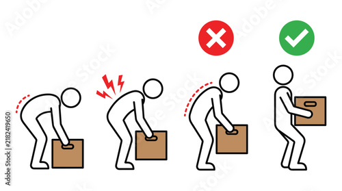 Instructional infographic showing correct posture for lifting heavy cardboard boxes safely