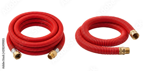 Flexible Red Garden Hose with Brass Fittings Isolated on White Background - Coiled Water Hose Pipe Equipment