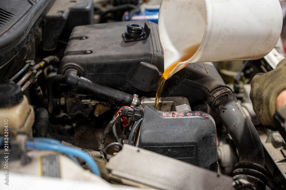 Fototapeta premium Mechanic pouring engine oil into a car engine during routine maintenance in an automotive workshop, close-up of the engine compartment.