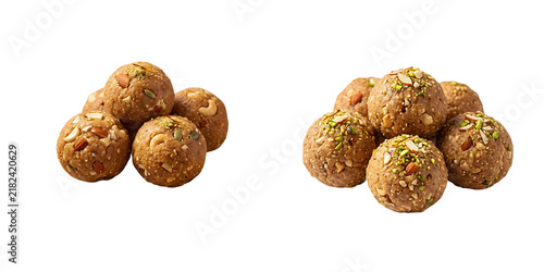Traditional Indian Laddu Sweets with Nuts Isolated on White Background - Gond Panjiri Atta Ladoo Dessert Balls
