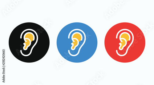Ear symbol icon set in black blue and red colors representing hearing and sound concepts