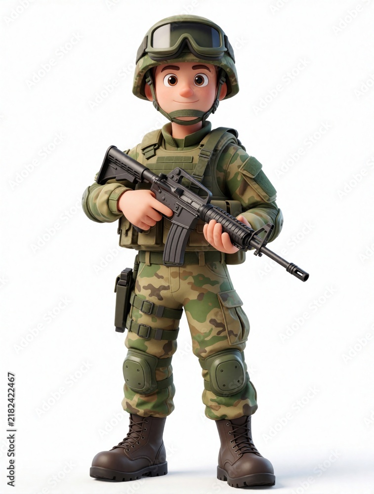 Obraz premium Cartoon soldier in camouflage uniform stands armed with rifle on white background. Ready for duty, this cute character is a brave fighter prepared for any mission or task.