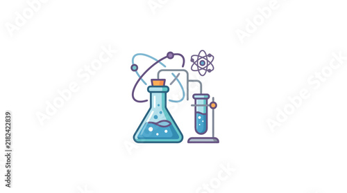 Chemistry lab equipment beaker test tube and atom icon.