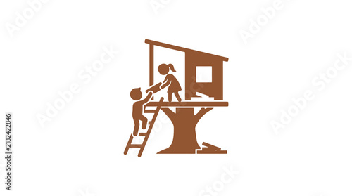 Children playing on a wooden treehouse silhouette.