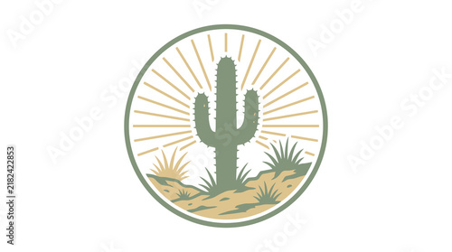 Circular succulent plant icon in desert setting with sun.