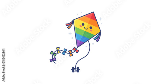 Cute rainbow kite with happy face and colorful tail.