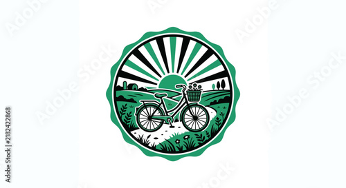 Circular vintage bicycle landscape emblem with sun rays.