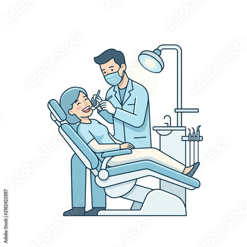 Dentist examining female patient in clinical dental chair.