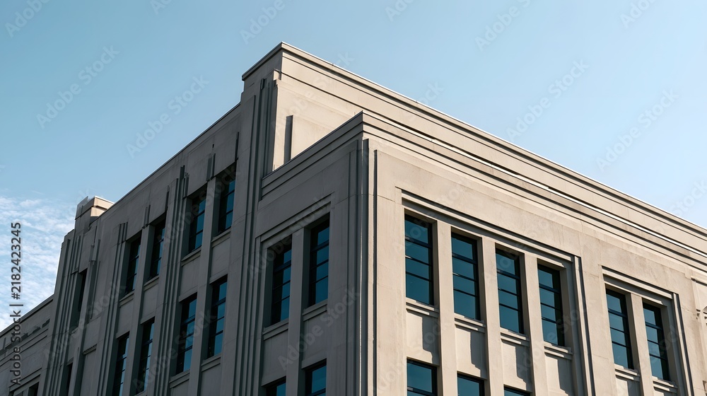 Fototapeta premium A modernist building with clean lines and vertical window bands under a clear blue sky viewed from a low angle