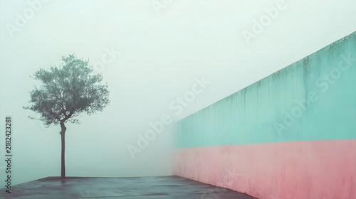 Solitary Tree in Foggy Landscape with Pastel Wall