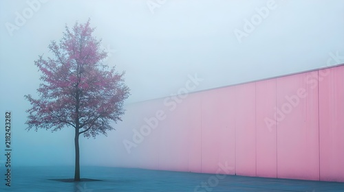 Solitary Tree in Fog Against Pink Wall