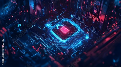 Cyber Security Abstract Padlock on Futuristic Circuit Board