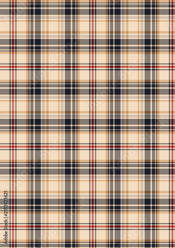Seamless beige tartan plaid pattern vector background with dark blue, red, and orange lines, traditional fabric texture for fashion apparel, blankets, and holiday winter decor