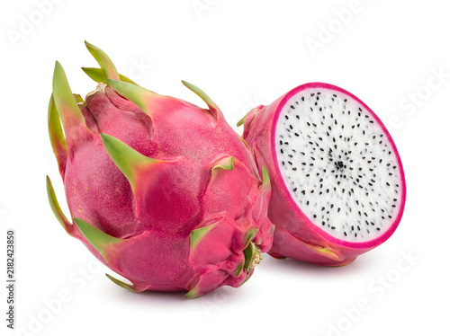 Fresh whole and sliced dragon fruit isolated on white background for healthy food design.