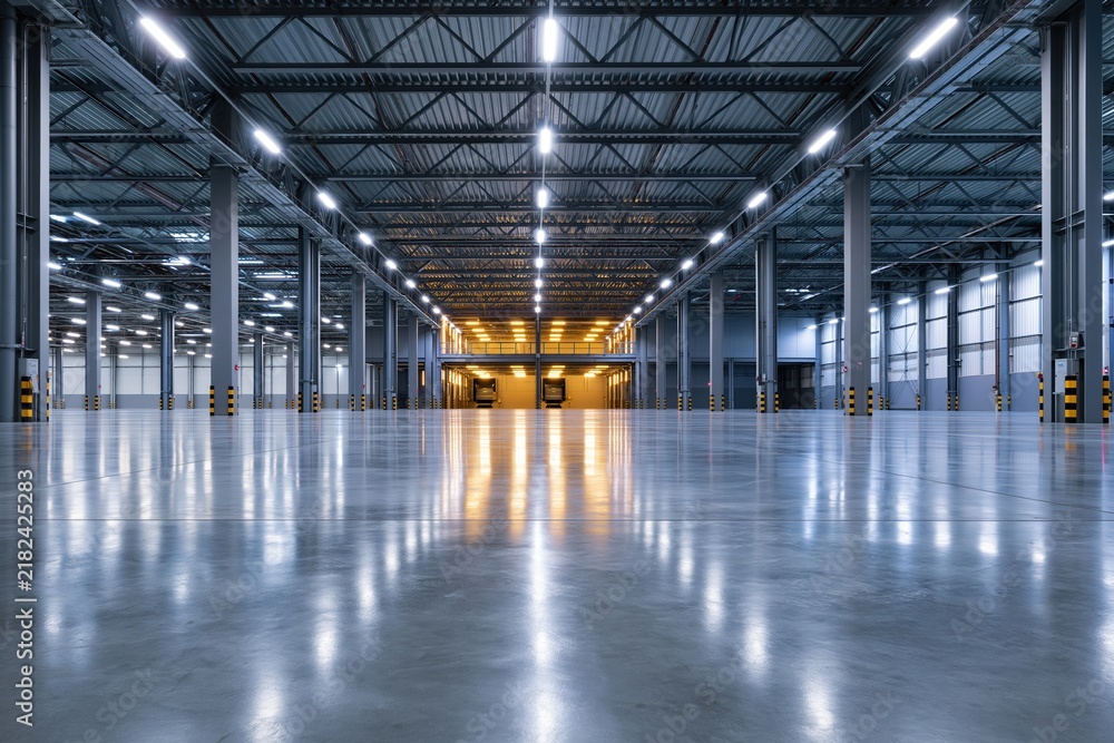 Obraz premium The Empty Warehouse Interior With Expansive Reflective Floor and Bright Centerline Lights