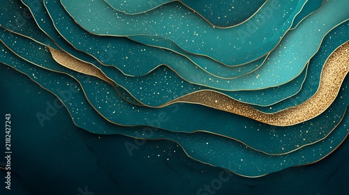Elegant layered abstract design featuring teal and gold tones, representing luxury and modern artistic concept for diverse business uses