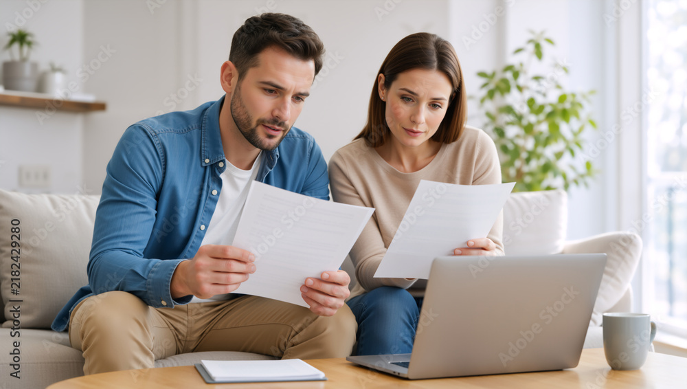 Fototapeta premium Young couple reviewing financial documents with laptop on sofa. Focused man and woman planning budget at home