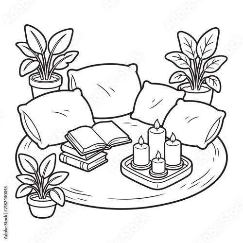 Cozy Reading Corner with Round Rug, Cushions, Open Book, Candles and Potted Plants Coloring Page for Kids Vector Illustration