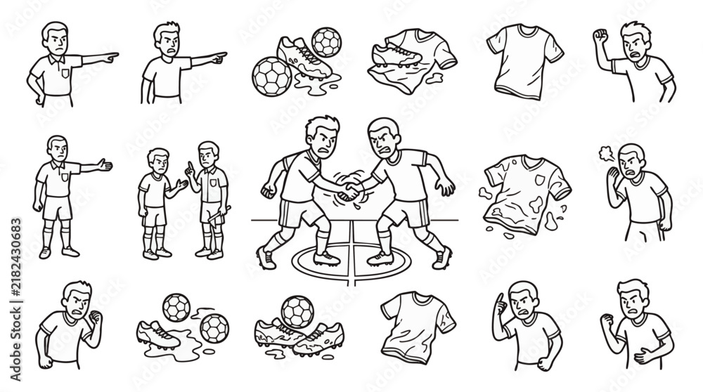 Fototapeta premium Vibrant stylized line drawing collection of diverse human activities and emotions, concept for educational materials, app icons, and social media graphics