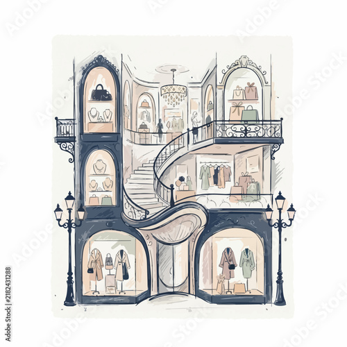Whimsical Hand-Drawn Illustration of a Luxurious Multi-Level Fashion Boutique with Elegant Displays