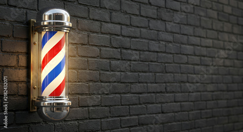 Vintage barbershop pole with red and blue stripes on brick wall  