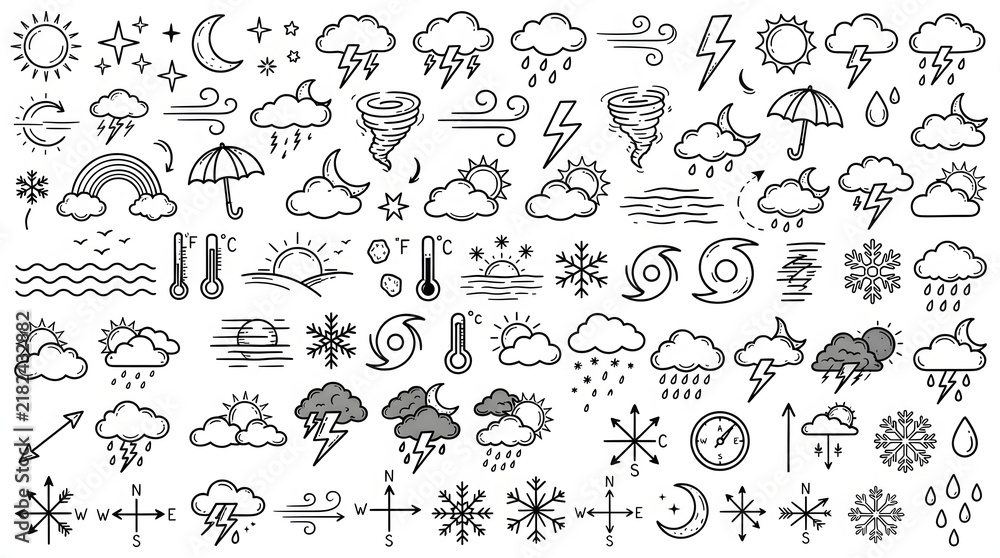 Obraz premium Weather icon set with sun clouds rain snow and wind sketch