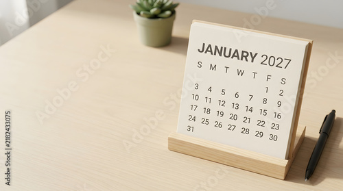 Minimalist desk calendar for January 2027 with pen and plant