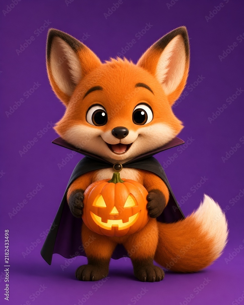 Fototapeta premium Cute 3D Baby Fox in Vampire Cape Holding Glowing Halloween Pumpkin