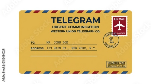 Vintage telegram envelope with airmail stamp and postmark on yellow paper background