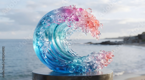 Glass wave sculpture with blue and pink colors set against a scenic coastal background ocean wave coastal scenery artistic glasswork abstract wave