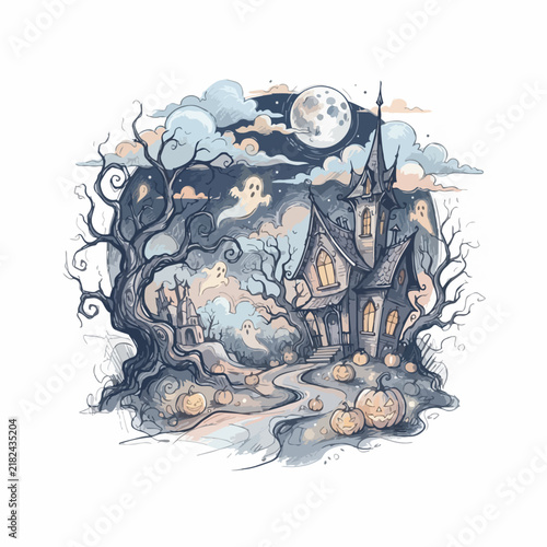 Whimsical Halloween Night Illustration of a Spooky Haunted House with Ghosts, Pumpkins, and Eerie Bare Trees Under a Full Moon
