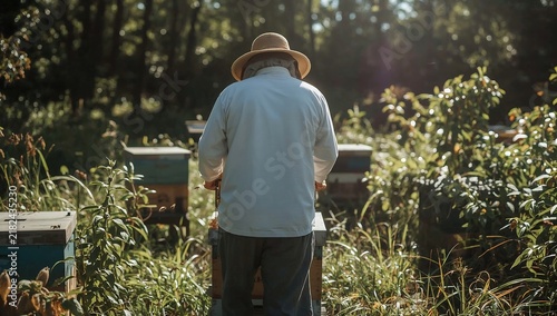 Beekeeper tending to wooden beehives in a lush green meadow on a bright sunny summer afternoon