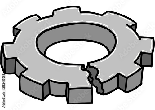 A cracked gear symbolizes disrupted production.