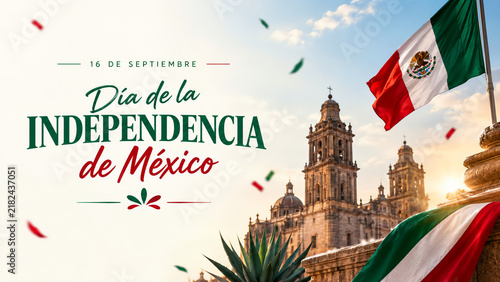 Plakat Mexican independence day greeting card featuring the national flag waving proudly above a historic cathedral silhouette during a warm golden hour sunset with vibrant holiday decorations
