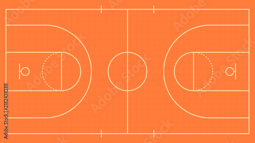 Basketball court top view background with orange minimal line layout