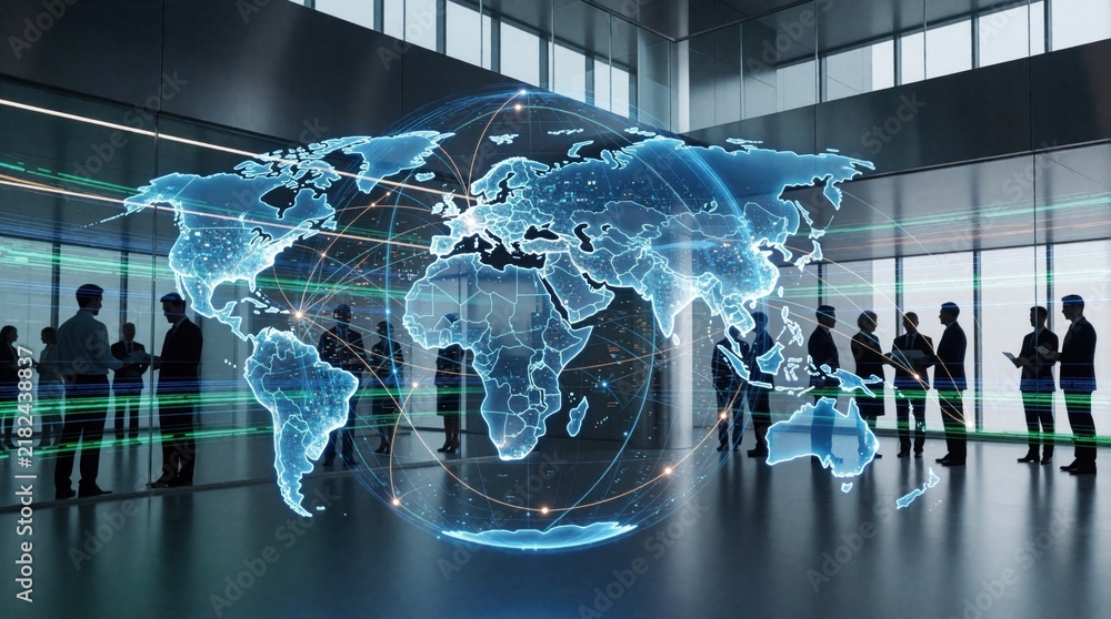Obraz premium Global digital world map with light network connections, glowing nodes in modern office. Business people stand in lobby observing virtual earth hologram. High tech communication concept shows