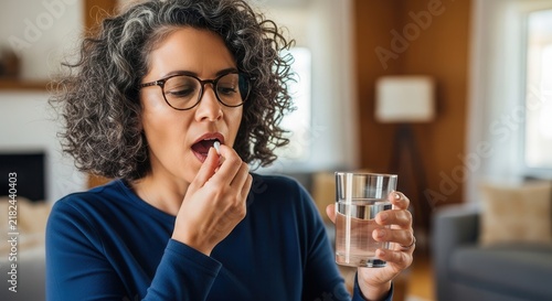 Mature woman taking a supplement pill while holding a glass of water. Bright home interior setting for menopause wellness support.