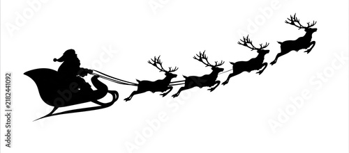 a horizontal black silhouette graphic of santa claus and  flying reindeer, isolated on a transparent background. 
