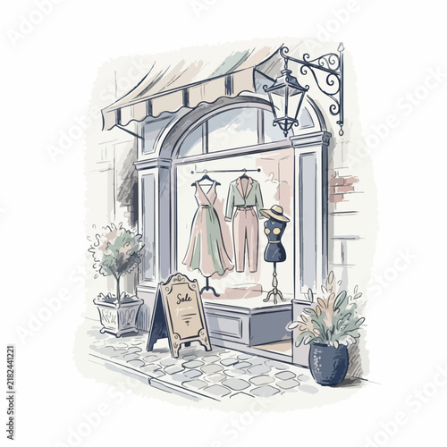 Charming Boutique storefront with elegant dresses and mannequins displays