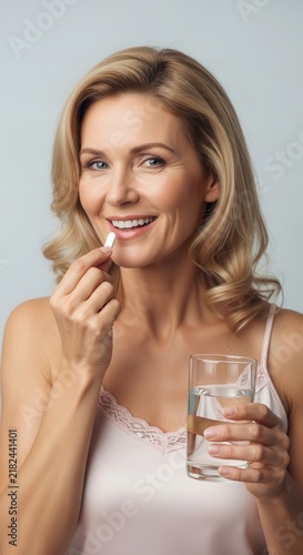 Mature woman taking a supplement pill holding a glass of water. Soft studio lighting highlights her face during menopause wellness routine.