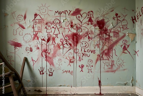 Distressed Wall Featuring Child Crayon Scribbles and Bloody Handprints