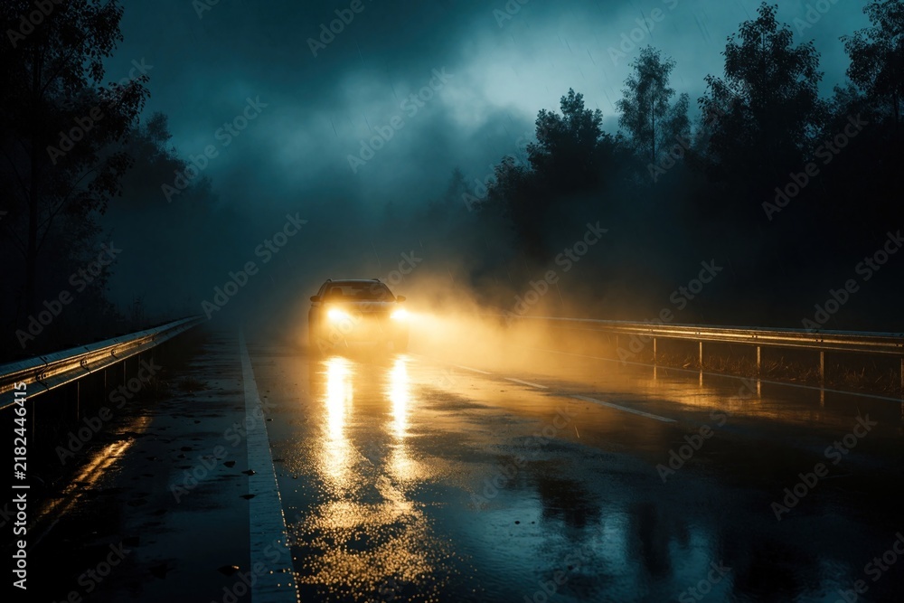 Obraz premium Car drives on wet highway at night in dense fog and rain. Bright headlights cut through mist reflecting on asphalt road. Trees line dark road, creating mysterious, moody atmosphere.